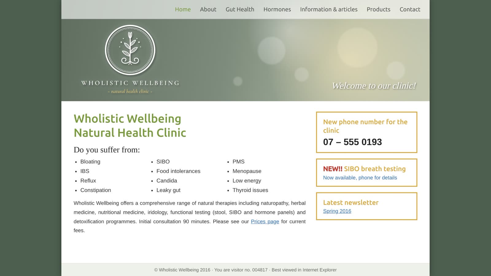 Before: a dated natural health clinic website with a symptom list and cluttered sidebar boxes