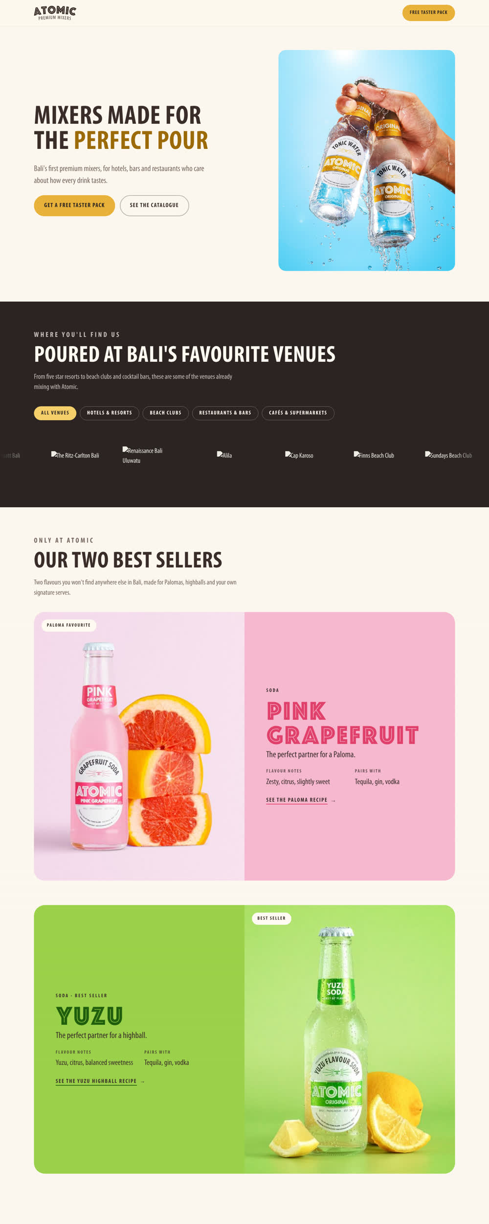 Atomic Premium Mixers page with the headline Mixers made for the perfect pour