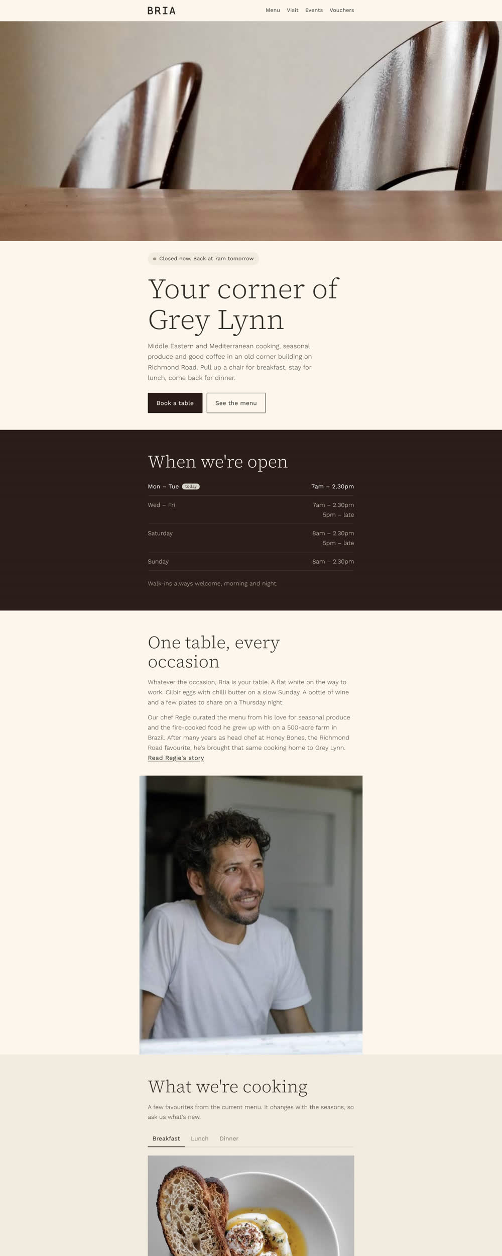 Bria Eatery page with the headline Your corner of Grey Lynn