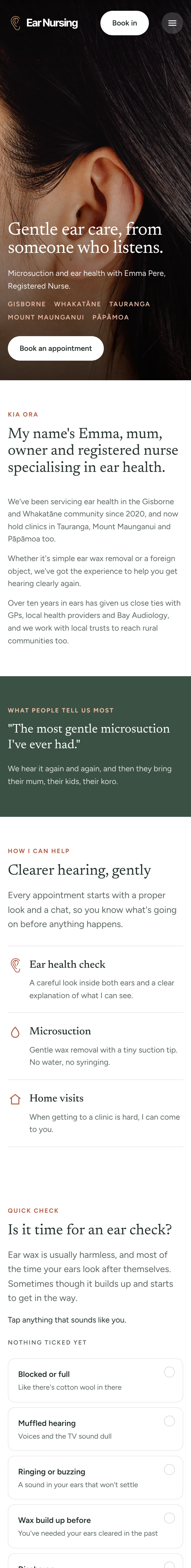 Ear Nursing landing page on a phone