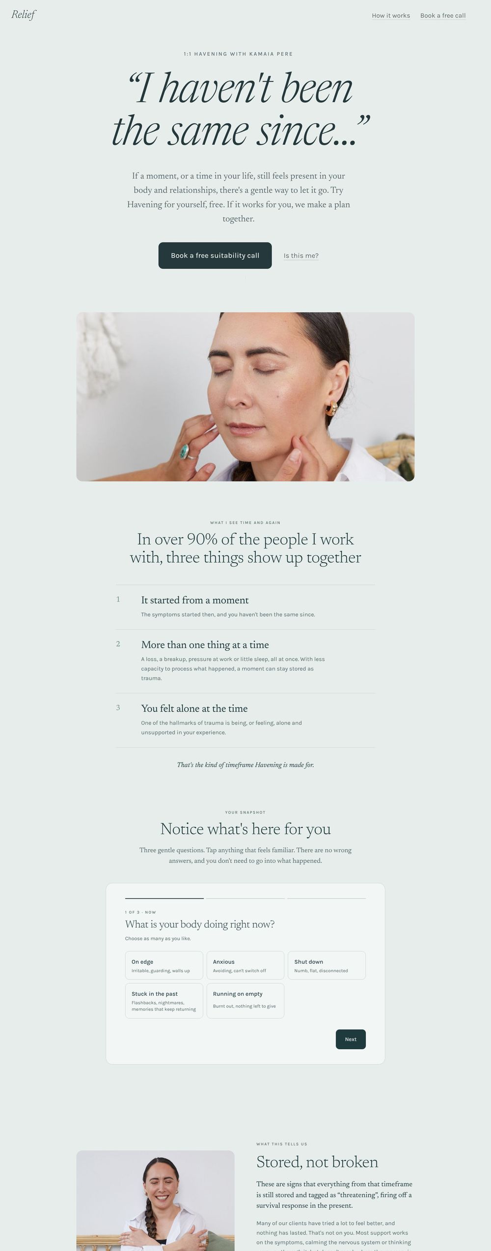 Relief landing page on desktop, with the headline I haven't been the same since